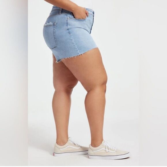 Good American Bombshell Shorts Indigo430 Size 8/29  3.5" Insm Exposed Button Fly - Picture 2 of 9